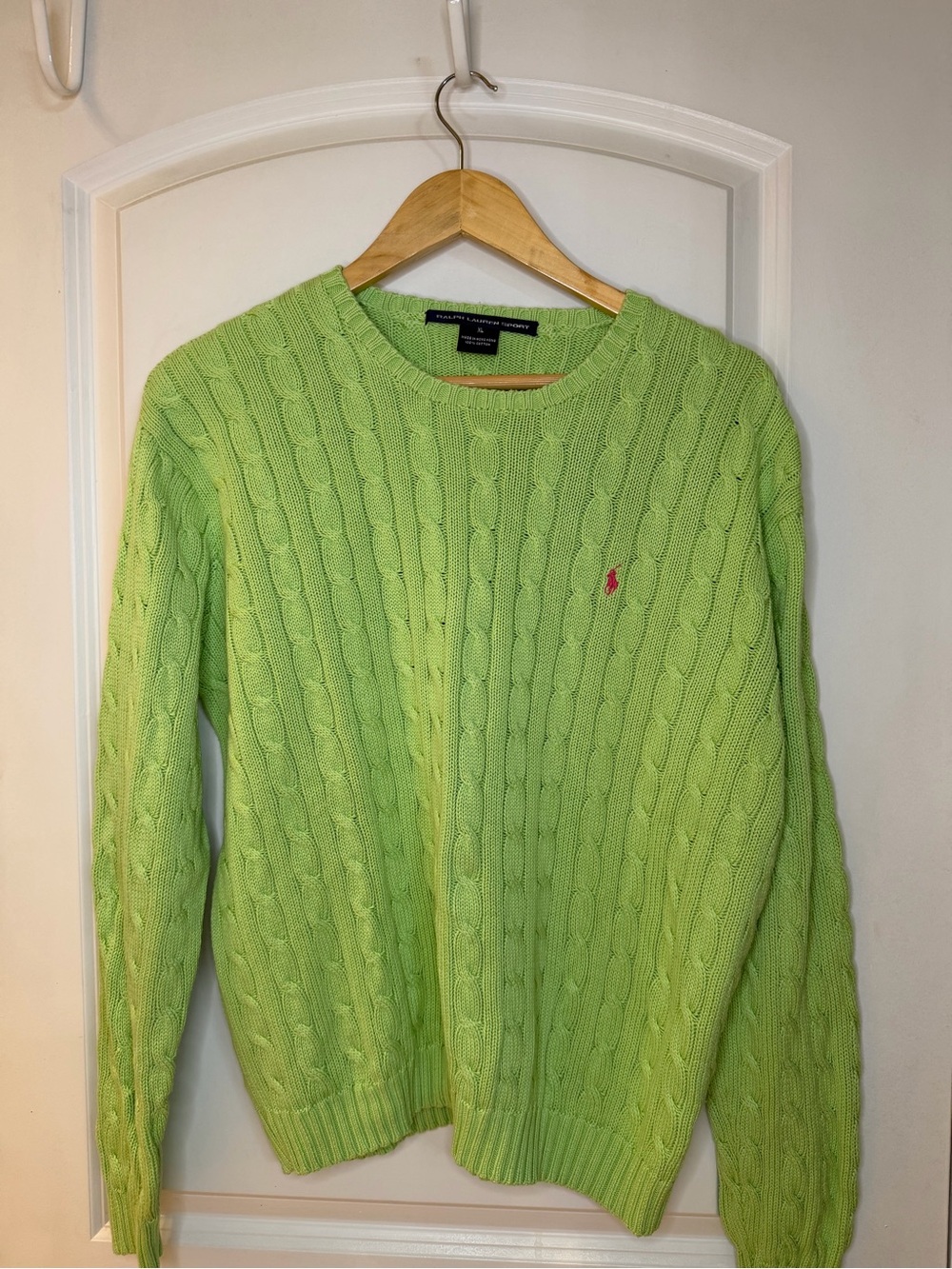 Vintage Ralph Lauren Sport women’s Lime Green Cable Knit Sweater, Size XL